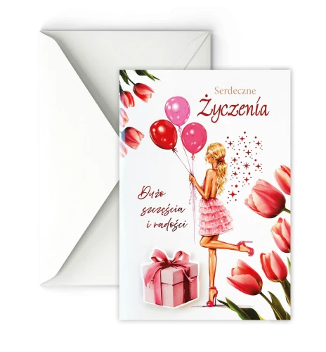 kartka okolicznościowa na różne okazje świecąco grająca przedstawiająca kobietę, kwiaty i balony